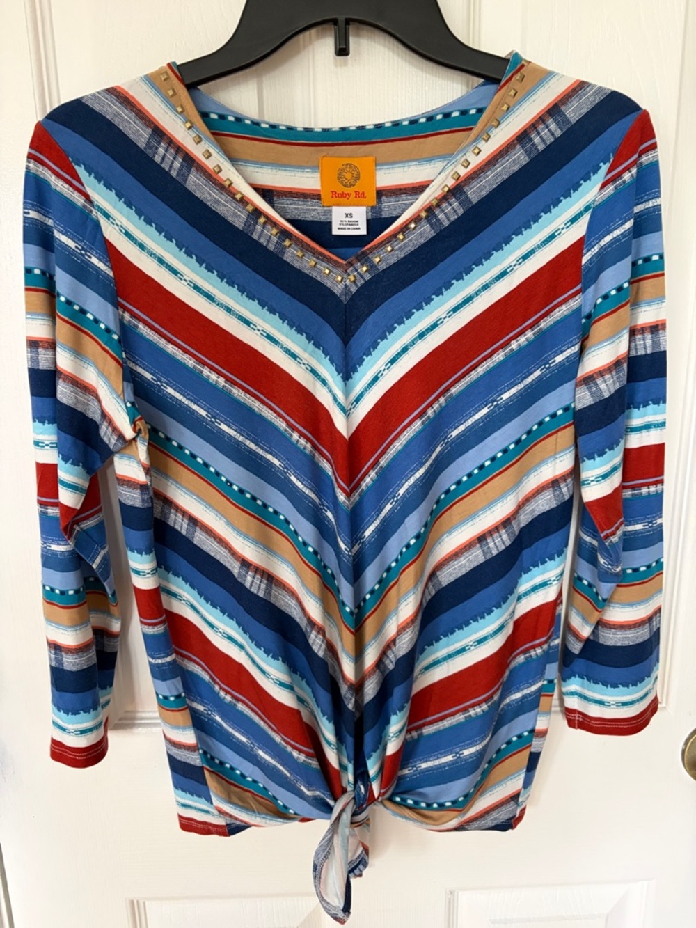 Ruby Rd. Striped V-Neck Long Sleeve Tie-Front Top in Blue, Rust &Tan